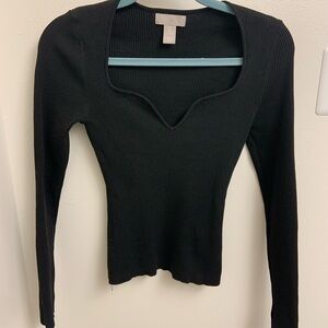 H&M Black Ribbed Long Sleeve Sweetheart Women's Top, Small